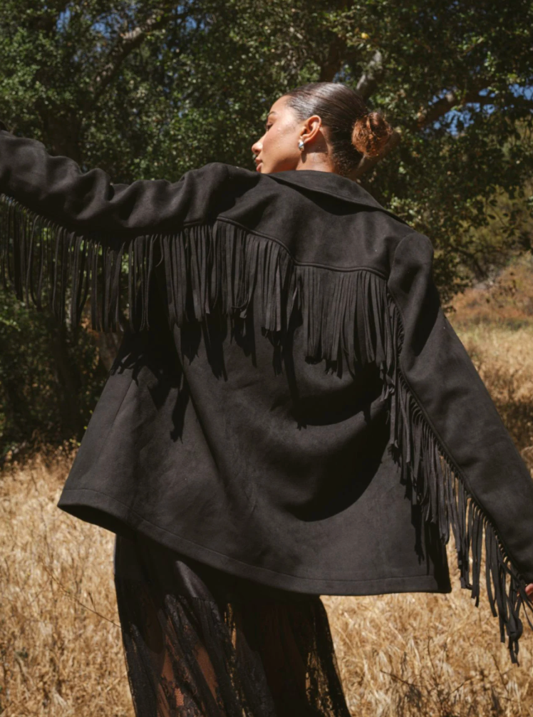 Sierra Fringe Jacket in Black Faux Suede - Scout and Molly's Columbia